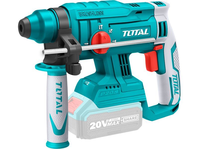 Akumulátorové vrtací kladivo Total, SDS Plus, bezkartáčové, 20 V Li-Ion, 2000 mAh, 1,5 J, bez baterie a nabíječky, průmyslové Akumulátorové vrtací kladivo Total, SDS Plus, bezkartáčové, 20 V Li-Ion, 2000 mAh, 1,5 J, bez baterie a nabíječky, průmyslové